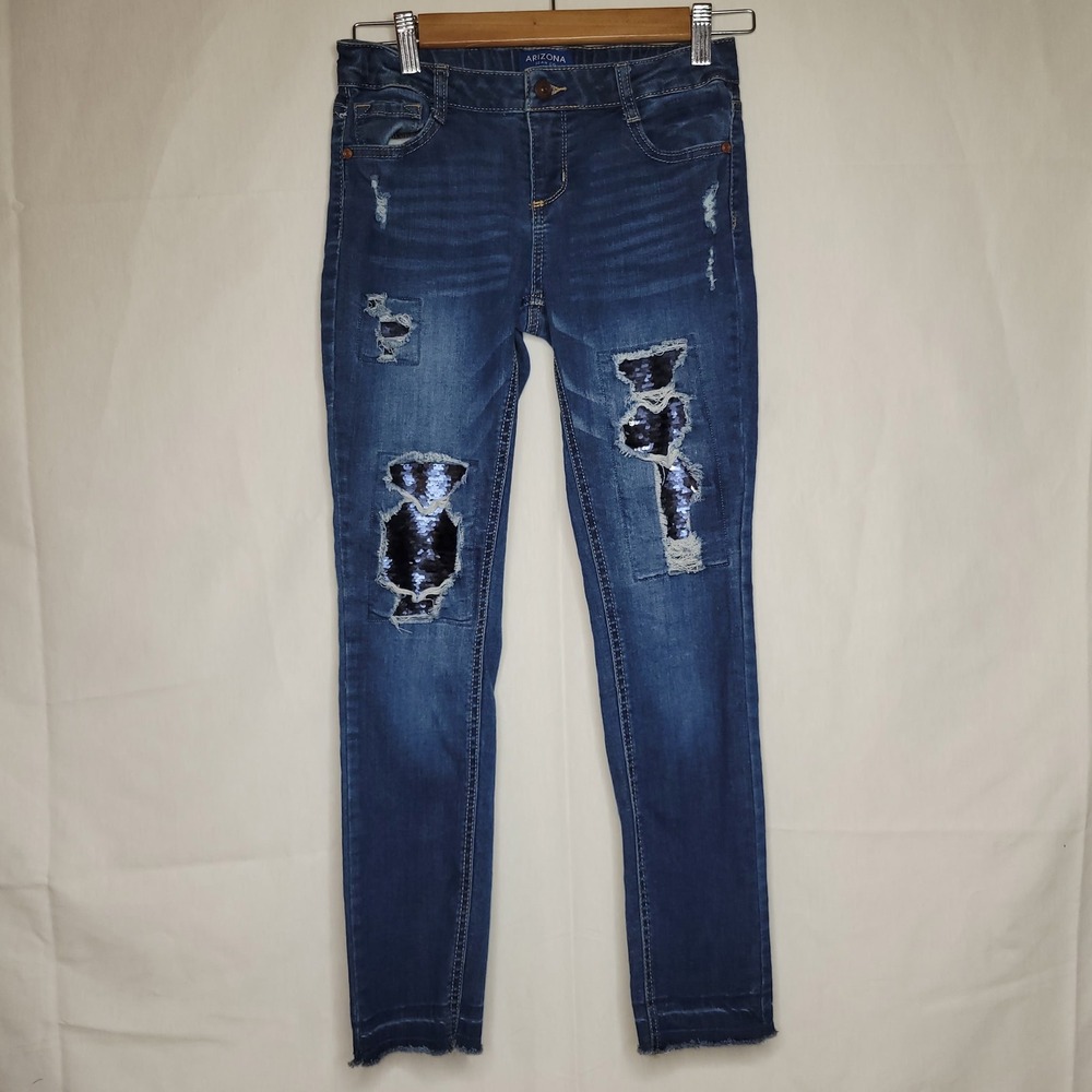 Arizona Jean Co Girls Skinny Jeans Blue Distressed Sequin Patch‎ Raw Hem Size 12